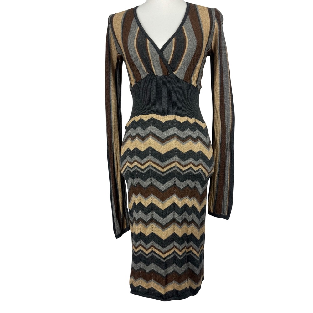 U-Knit Dress Silk Cashmere Sweater Women Size S Brown Grey Chevron Stripe V-Neck
